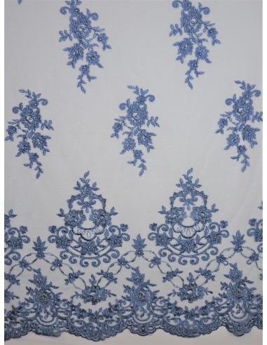 Tissu dentelle perlée - Bleu