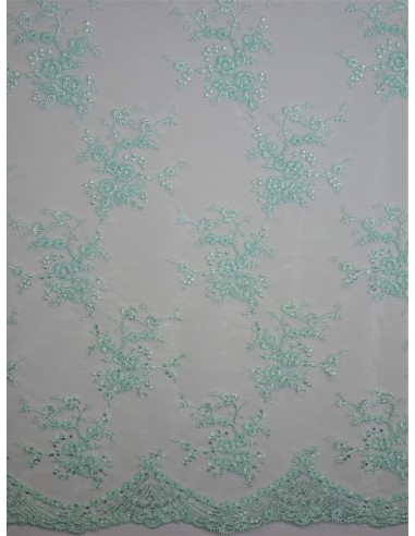 Tissu dentelle rebrodée - Vert d'eau