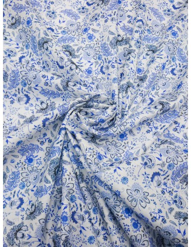 Tissu coton imprimé motif fleurs - Bleu