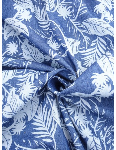 Tissu jean fantaisie motif feuille -...