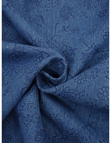 Tissu jean fantaisie motif fleurs - Bleu